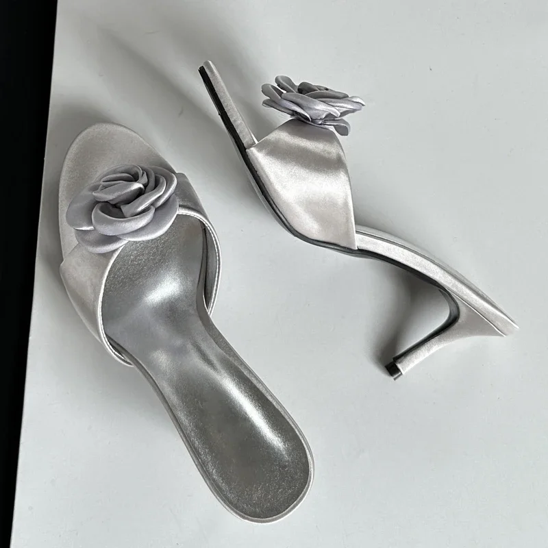 Aneikeh شباشب صيفية رفيعة بكعب عالٍ للنساء شباشب عصرية على شكل زهرة بمقدمة مستديرة صنادل للولائم أحذية شرائح Zapatos Mujer #4