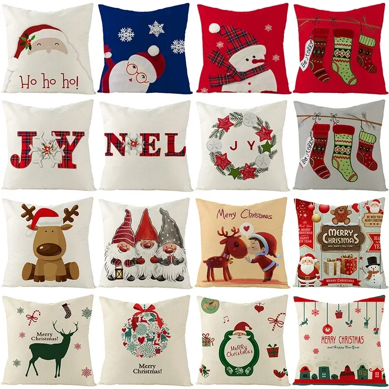 Merry Christmas Decor Linen Cushion Cover 45x45cm Elves Deer Santa Claus Printed Pillow Covers Xmas Pillow Case for Living Room