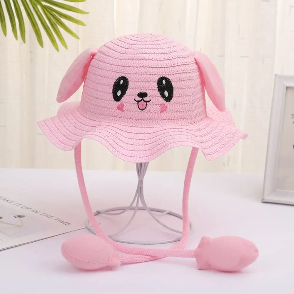 Sunscreen Rabbit Ear Sunshade Straw Hat UPF50+ Solid Color Bunny Sunshade Hat Bucket Hat Ear Moving Children Straw Hat