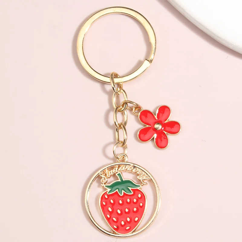 Cute Fruit Keychain Flower Watermelon Strawberry Cherry Key Ring Enamel Key Chains For Women Men DIY Handmade Jewelry Gifts