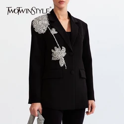 TWOTWINSTYLE Patchwork diamenty wyszczuplająca marynarka dla kobiet karbowany kołnierzyk z długim rękawem łączone guziki eleganckie marynarki moda damska