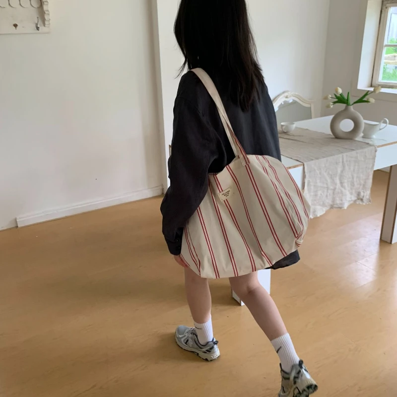 Korean Style Large Capacity Striped Handbag Canvas Tote Bag for Women, Summer Beach Purse Shoulder Bag,for Daily Work Commute