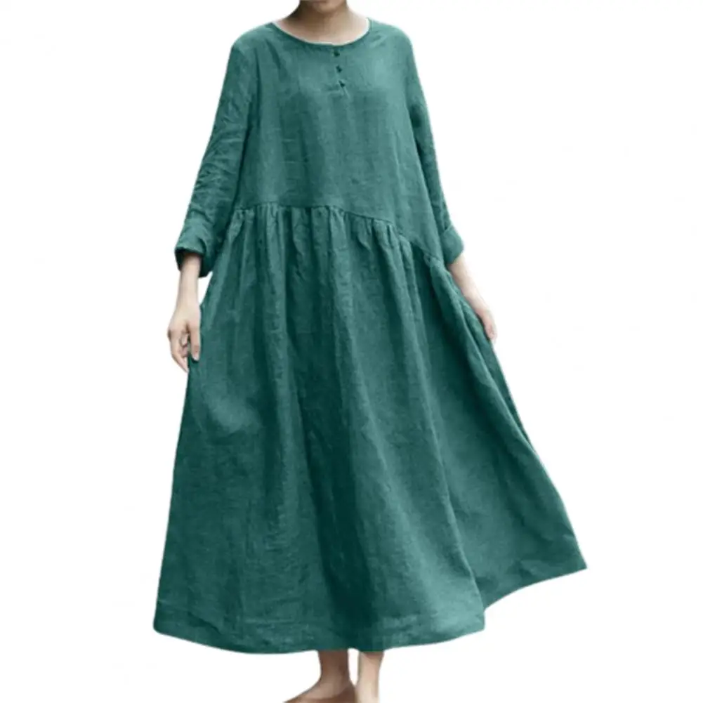 

Vintage Solid Color Cotton Linen Dresses for Women Loose Buttons Long Sleeve Pockets Woman Dress Boho Robe O Neck Femme Vestidos