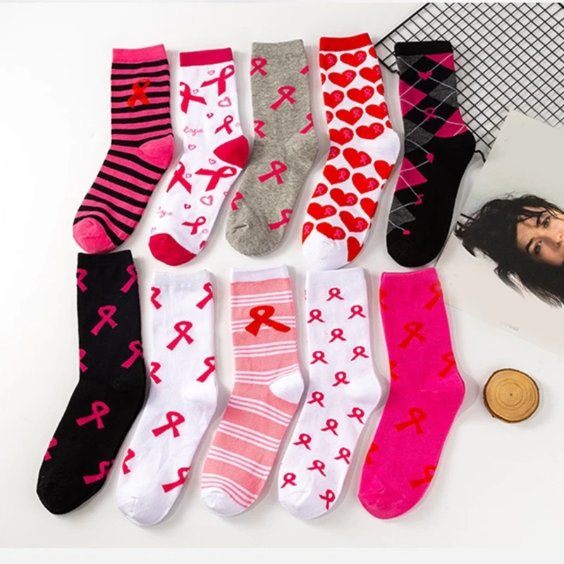 Breast Cancers Awareness Crew Socks Fun Fancy Novelty Socks Cotton Pink Ribbon Socks Hope Ribbon Ankle Socks Calf Socks