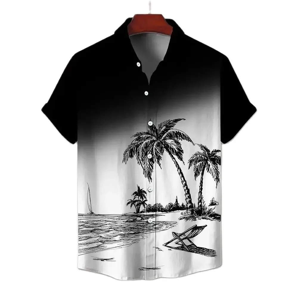 Camisa de vacaciones de estilo hawaiano de gran tamaño para hombre, camisa de manga corta con estampado gráfico de árbol de coco, Tops de Color degradado para hombre