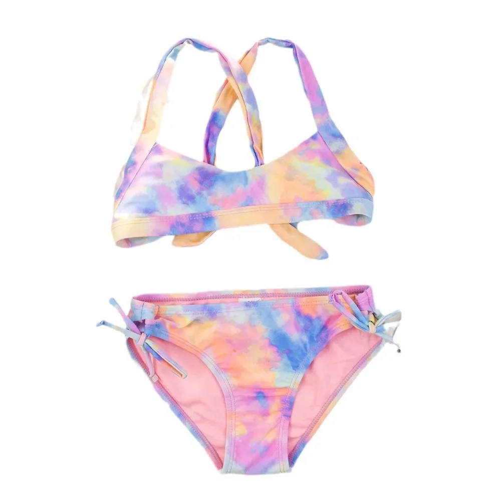 Teen Kids Girls Bandage Bikini Set Tie-dye Print Summer Children Kids Swimsuit Students Girls Two Pieces Swimwear Bathing Suit