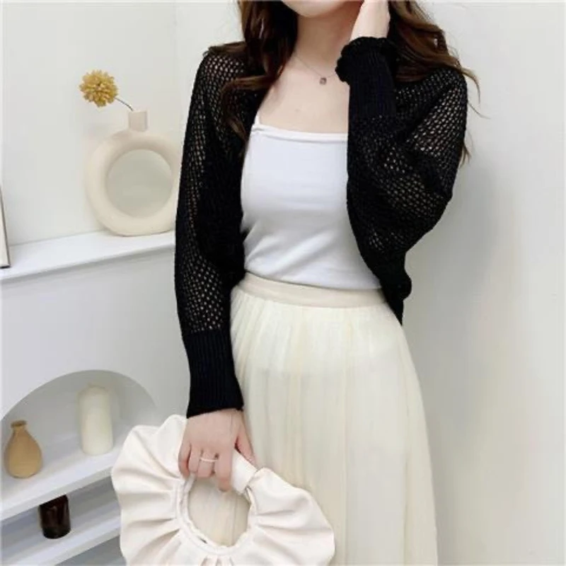 Summer Women Solid Color Hollow Out Long Sleeve Sunscreen Loose Knitted Cardigan