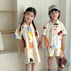 Kids Set Brother And Sister Clothes 2025 Summer New Boy's Two Piece Suit Or Short Sleeve Girl's Graffiti Dress Cartoon Clothes