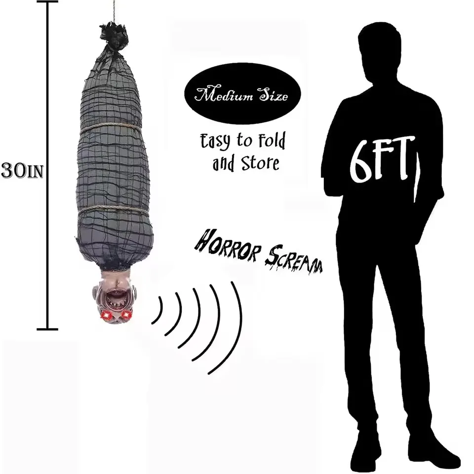 2.46 Ft Halloween Hanging Animated Corpse With LED Light Up Eyes Talking & Shaking Scary Ghost Sound Effect For Halloween Decor - Image 6