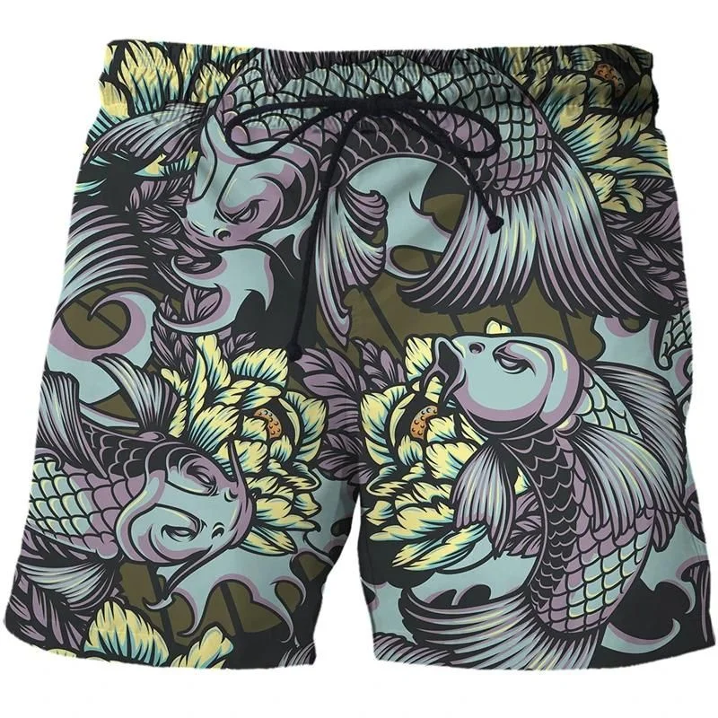 Chinese Lucky Koi Carp 3D Printed Beach Shorts Men Surfing Board Shorts Summer Vacation Short Pants Street Oversized Swim Trunks