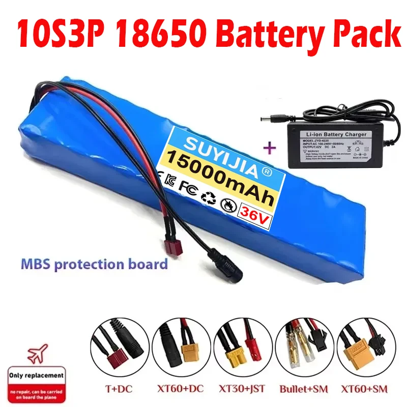 10S3P 18650 Rechargeable Lithium Battery Pack 36V 15000mAh Large Capacity Power Battery Built-in BMS with 42V 2A Charger