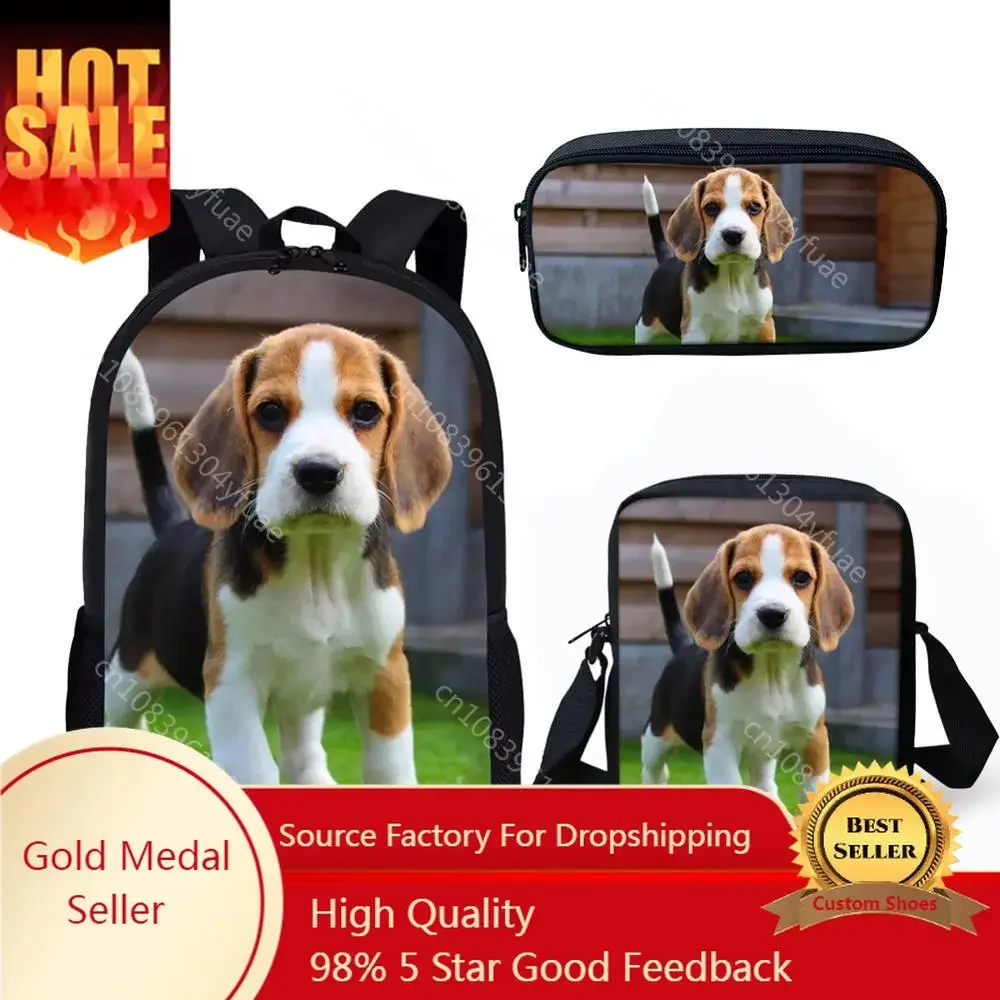 Cute Animal Dog Beagle Impressão Mochila para Crianças, Mochilas para Meninos e Meninas Adolescentes, Mochila Infantil, 3Pcs por Conjunto