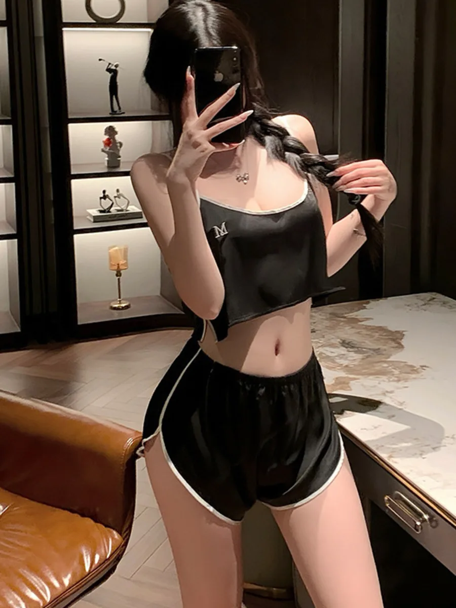 Sexy Pajamas For Women 2025 New Summer Ice Silk Thin Sports Pure Desire Style Camisole Shorts Homewear Shorts Sets Charming 5XQG