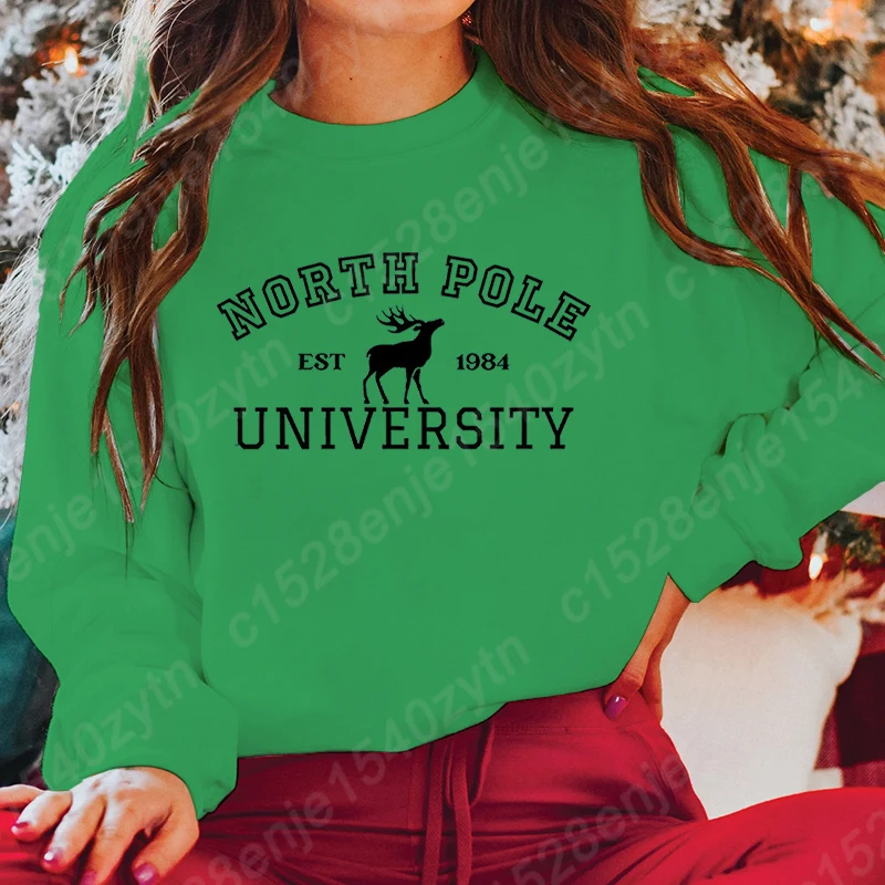 

Christmas Reindeer North Pole University Print Pullovers Women Winter Autumn Crew Neck Hoodless Sweatshirts Pure Color Pullovers