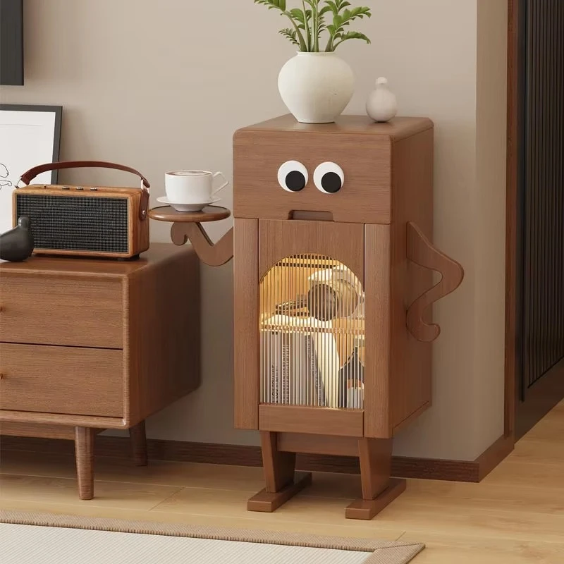 Modern solid wood bedside tables in the shape of robots with LED lights and storage space for bedrooms and living rooms
