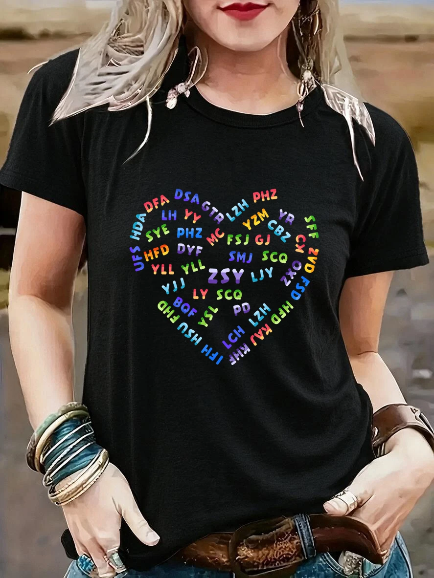 Outfit Women's Vintage T Shirt with Colorful Heart-shaped Design Print Graphic Y2k Tops 90s Short Sleeve T-shirt Clothes Female