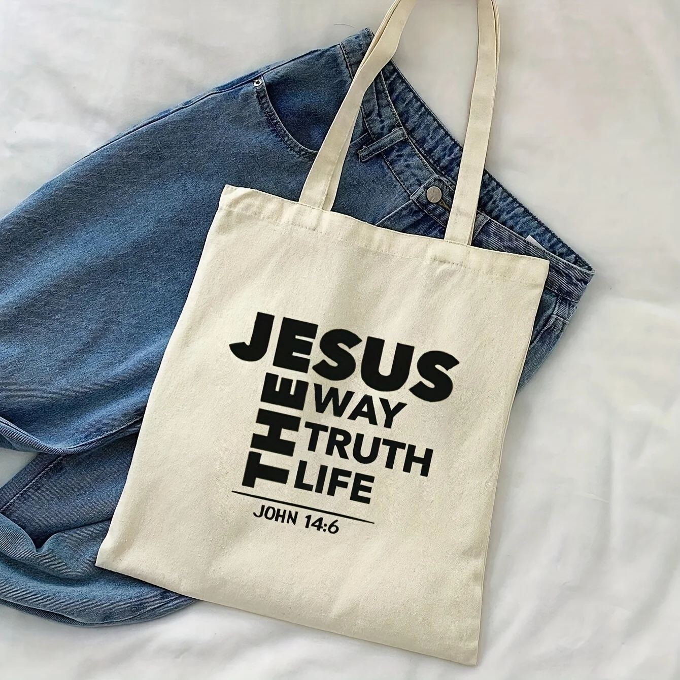 1pc Jesus Word Truth Life Letter Printed Tote Bag Suitable for School, Large Capacity Foldable Bookbag with Verse, Machine Washa