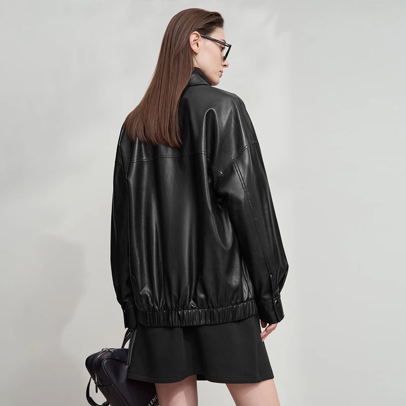 AMII Leather Jacket Woman 2025 Autumn New Streetwear Style PU Leather Jacket Lapel Zipper Long Sleeve Casual Loose Tops 12543118
