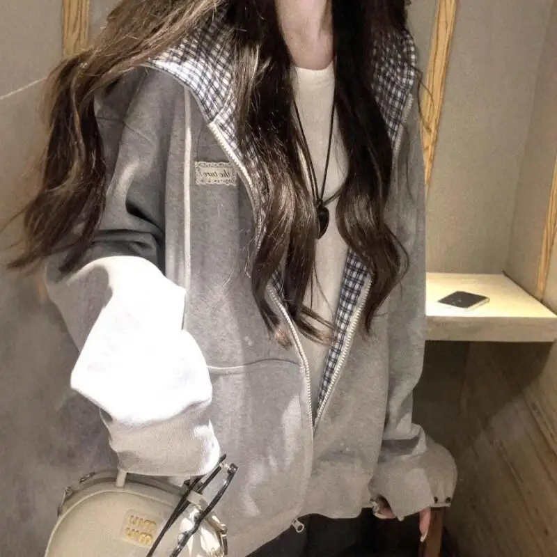 

Patchwork Plaid Hoodie with Hooded Zipper Jacket for Women's Autumn and Winter Couple's Loose Cardigan Tops Fashionable Spring