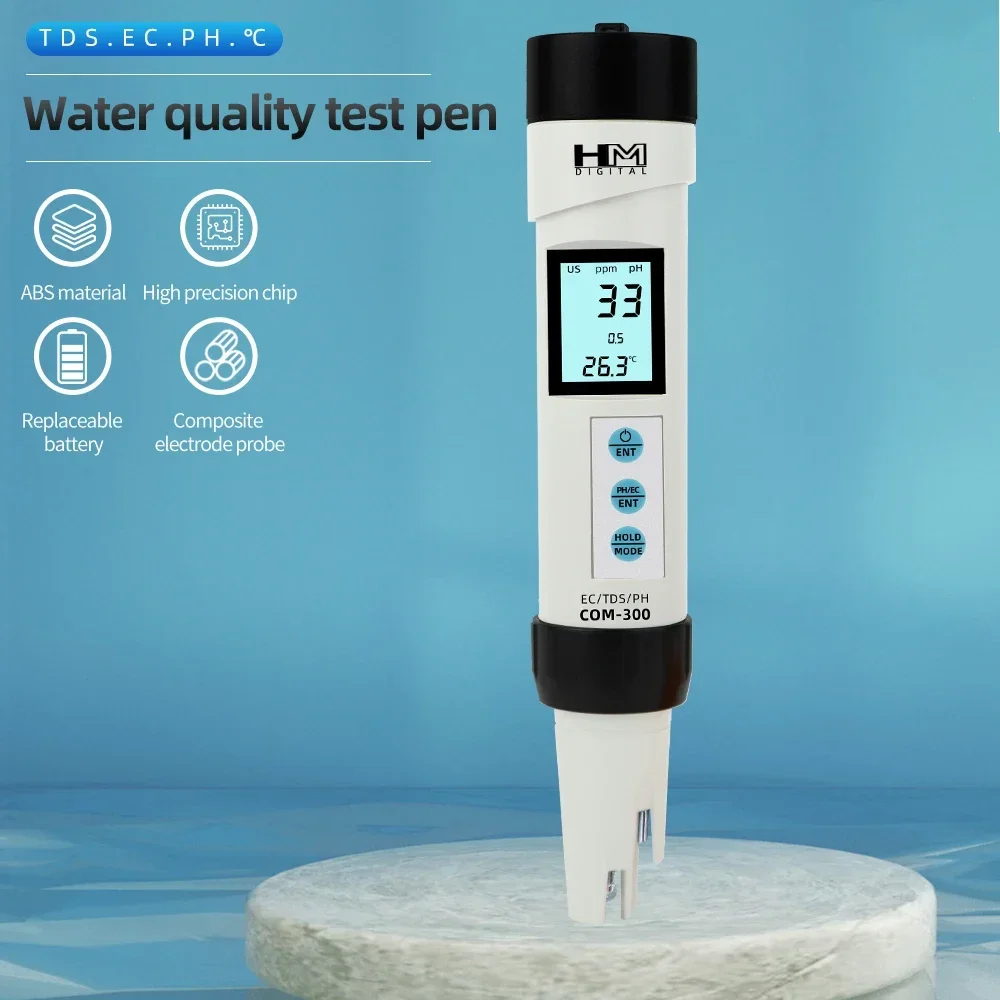 COM-300 Water Quality Digital Measurement Tools  4 in 1 TDS EC Temp PH Meter for Waterproof Testing Device