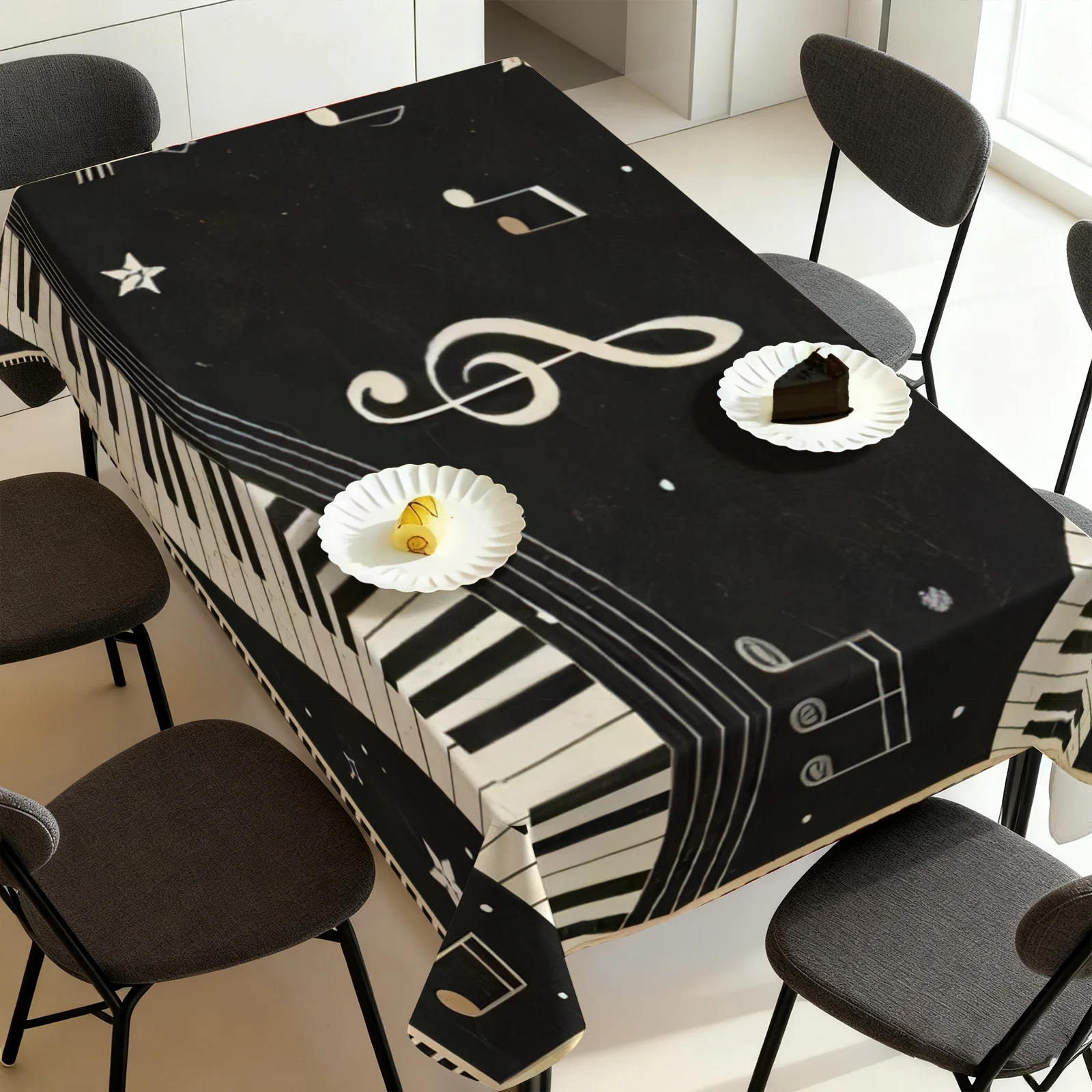 1PC Tablecovers: The black background features an elegant musical theme, adorned with white and gold musical notes.xzj