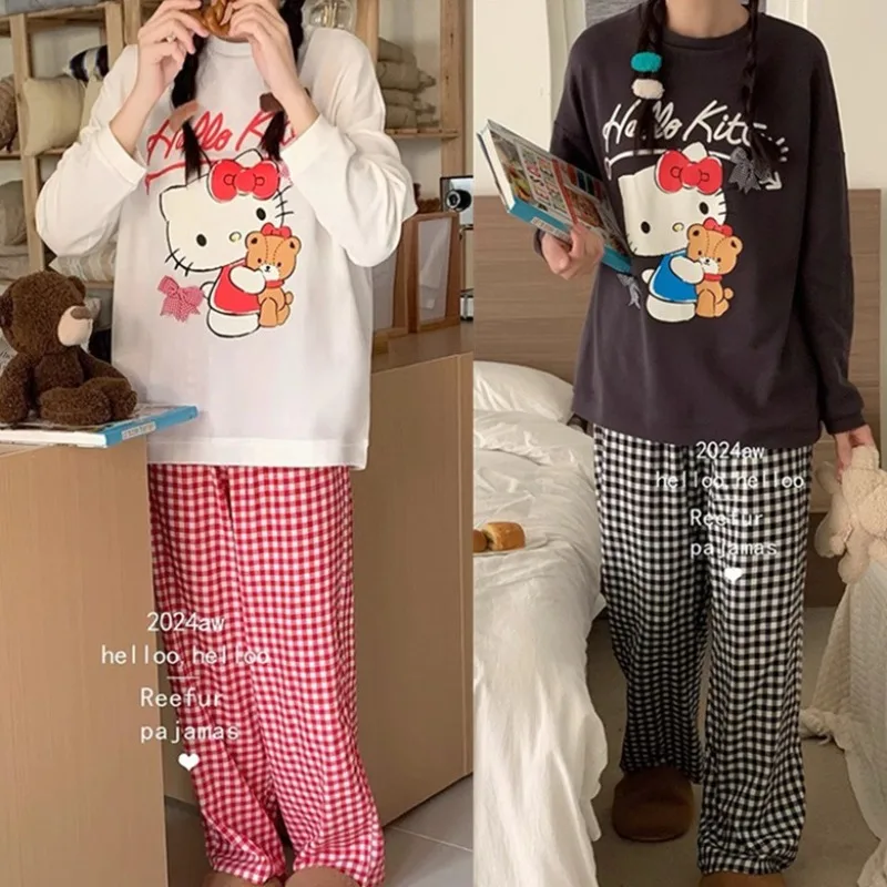 

Sanrio Hello Kitty Anime Women Pajamas Cartoon KT Cat Round Neck Long-sleeved Plaid Pants Spring Autumn Can Go Out Homewear Suit