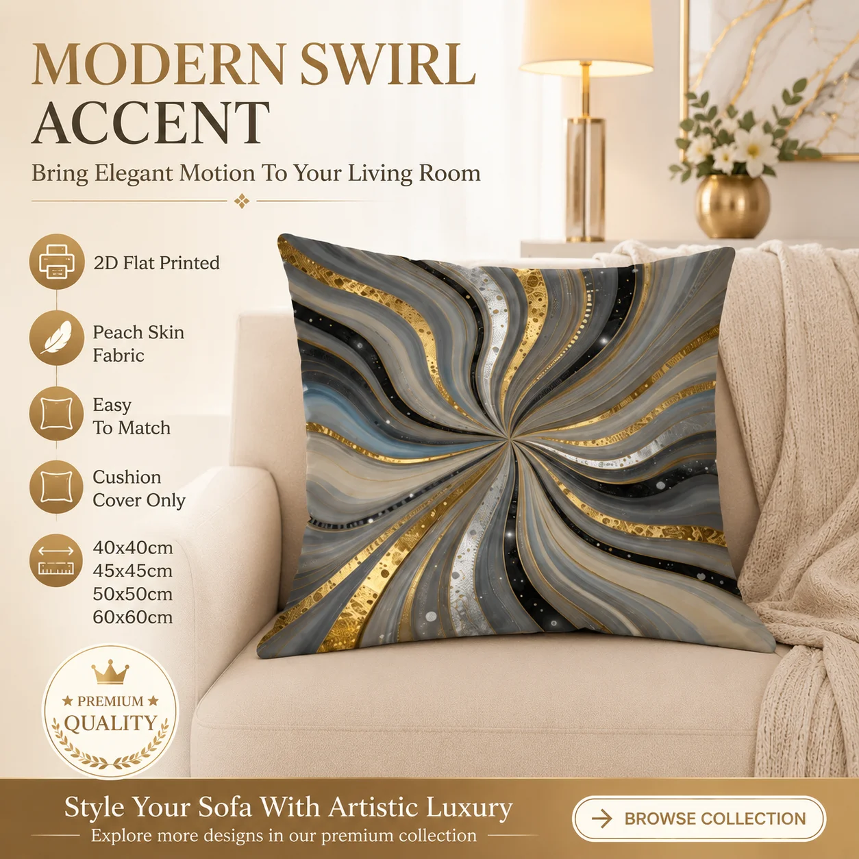 

English: Luxury Gold Swirl Pillowcase 2D Flat Printed Peach Skin Abstract Marble Cushion Cover for Living Room Sofa Modern Home
