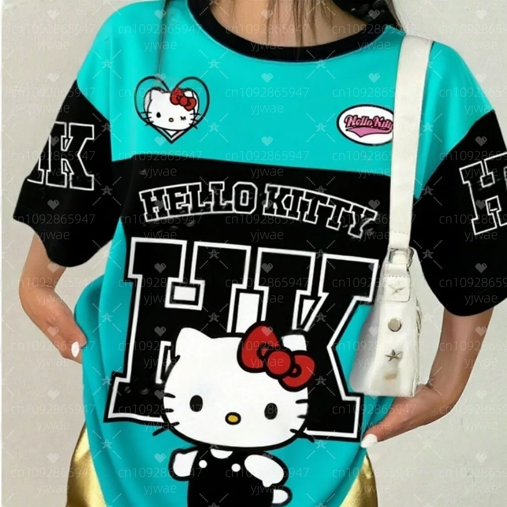 2025 Camiseta de manga corta con cuello redondo y estampado de hello kitty de dibujos animados para mujer, camiseta de verano, camisetas de béisbol, Camiseta deportiva de gran tamaño a rayas