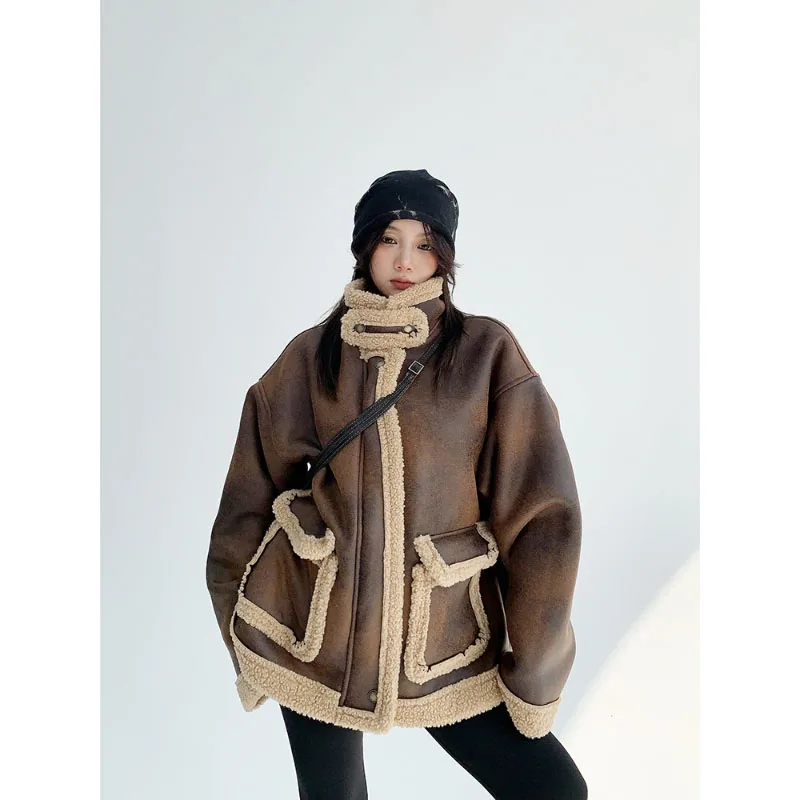 Winter American Thicken Suede Lamb Wool Cotton Coat Women Stand Collar Loose Korean Version Retro High-Street Motorcycle Jacket