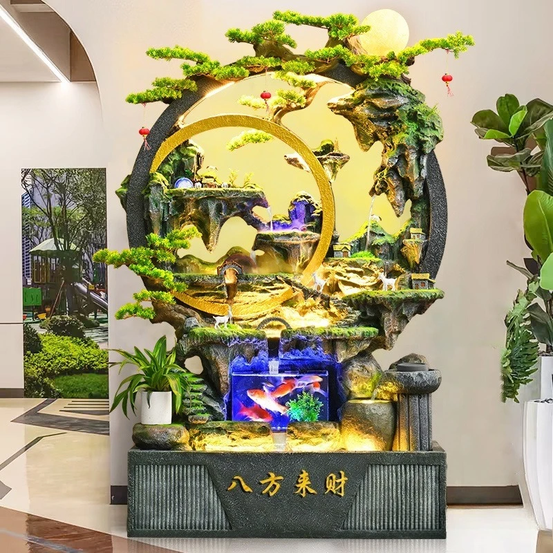 Large rockery, flowing water fountain ornaments, home living room, entrance fish tank, circulating aquatic wealth
