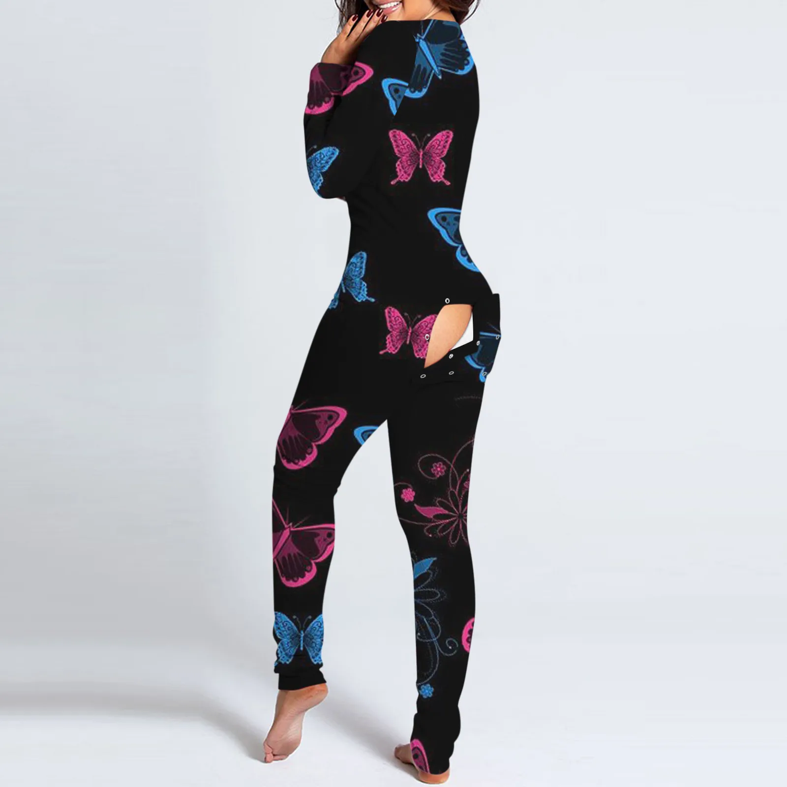 

Adults Print Jumpsuit Vantage Butterfly Functional Buttoned Pajama Shorts Women Christmas Sleepwear Sexy Home Loungewear