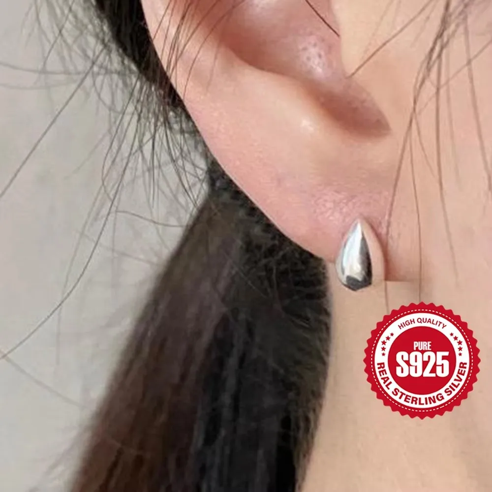 

925 Sterling Silver Chic Water Drop Stud Earrings For Women Simple Smooth 18K Gold Plated Fine Jewelry Party Gifts