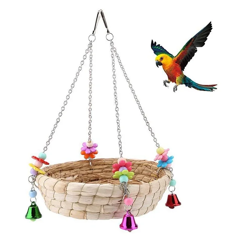 

Bird Parrot Toy Parrot Nest Natural Handmade Woven Grass Bed Swing With 4 Metal Bells Bird Parrot Toy Bird Swing
