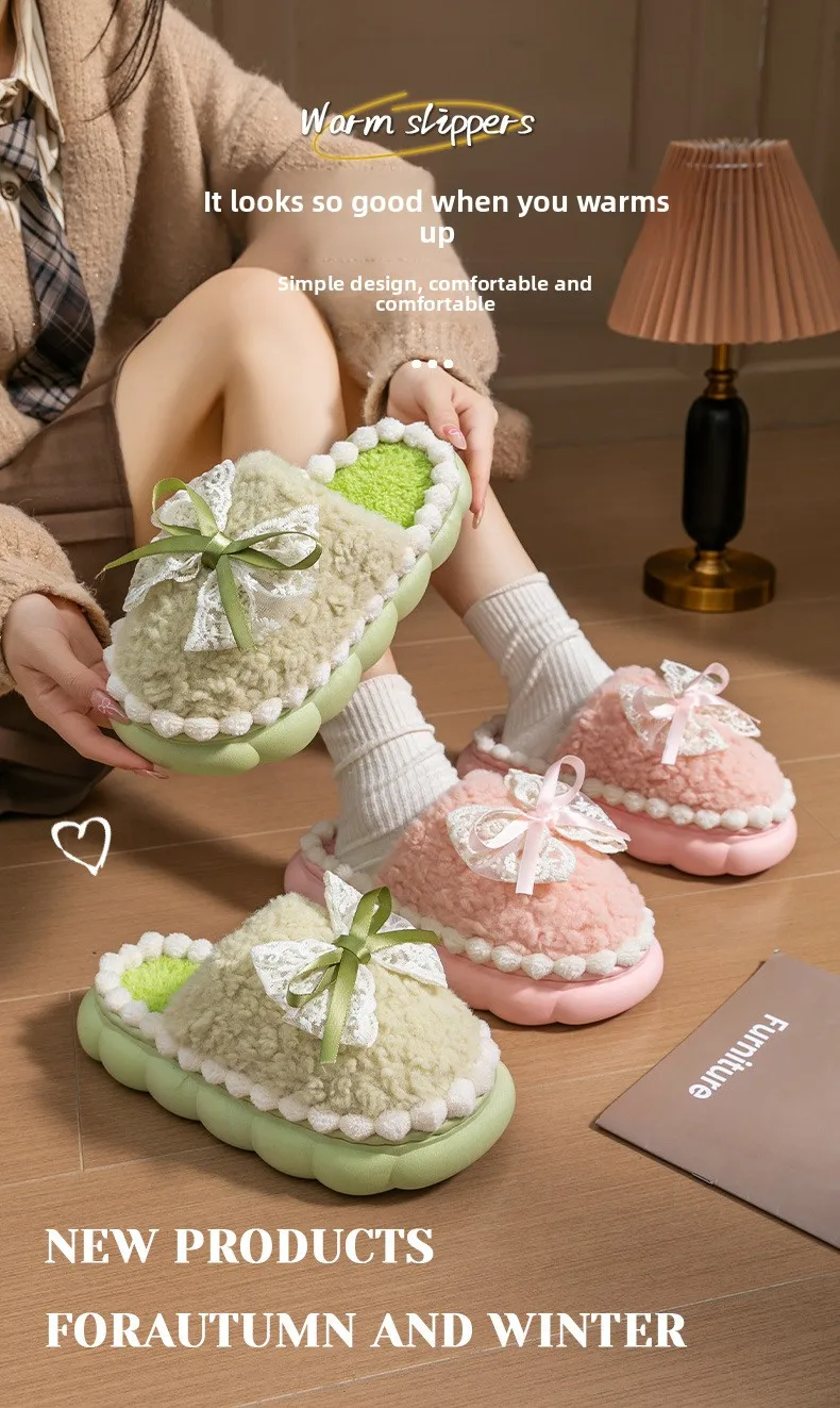 Bow 2026 Neue Baumwoll-Hausschuhe für Damen, Winter-Innenschuhe mit Weicher Sohle, Rutschfest, Warm, Plüsch, Dickbesohlte Entbindungsschuhe – Detail 1