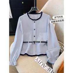 Blue Retro Fringed Small Fragrant Style Long Sleeved Shirt Women Early Autumn New Style Reducing Age Unique Chic Slim Fit Top