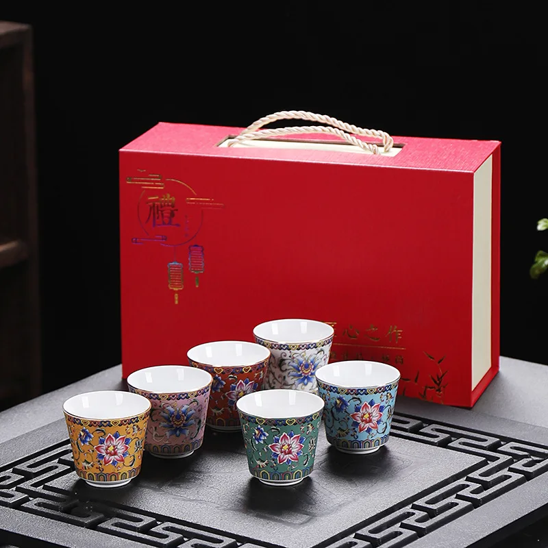 Enamel colored tea cup ceramic master cup palace style tea cup single cup tea cup household kung fu tea set gift box