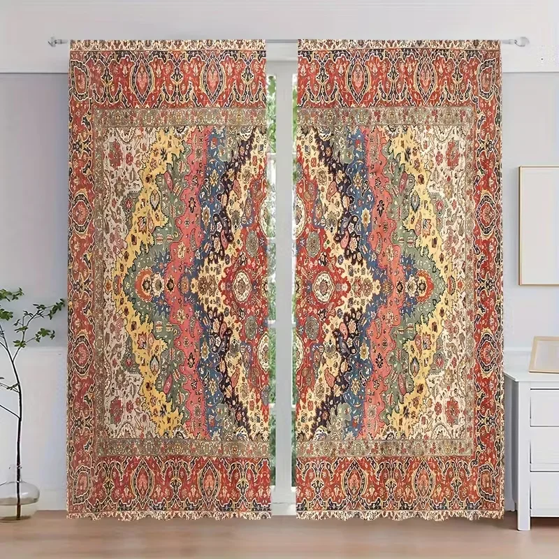 

2 Pcs Retro pattern print curtains,suitable for bedroom,living room kitchen decoration,home decoration,window decoration