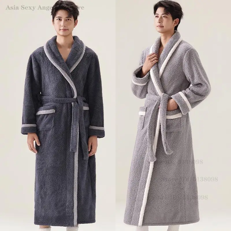 

Мужской халат-кимоно, осенне-зимний фланелевой длинный халат, плотная теплая одежда для сна, свободная повседневная ночная рубашка, мужская домашняя одежда, домашняя одежда