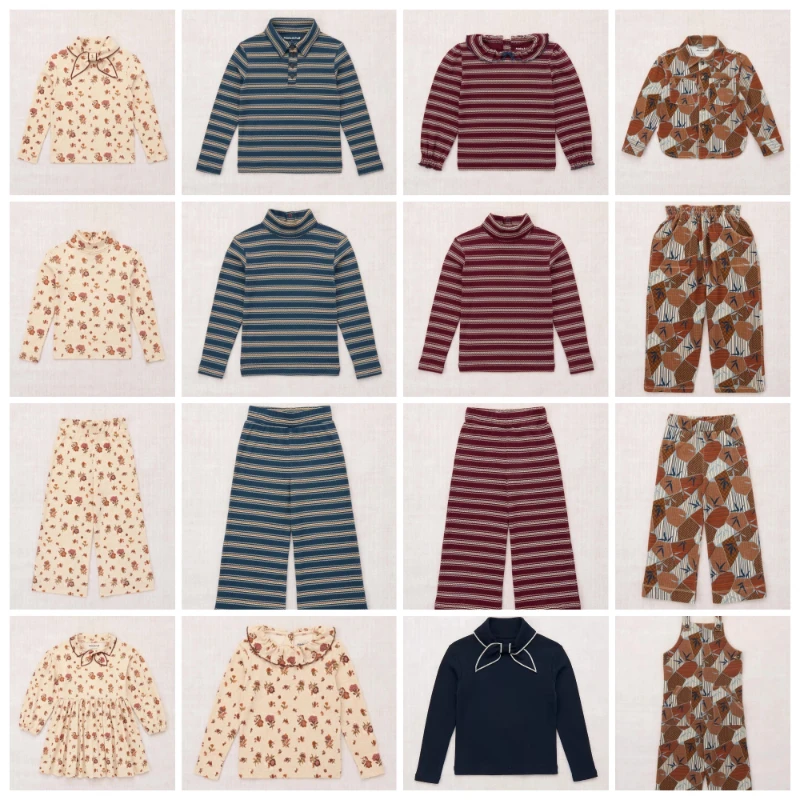 MP26 AW Flower Stripes Bird Full-Print Series Base T-Shirt  Set for Boy Girl Dress Home Clothing Top and Pants Children Homewear