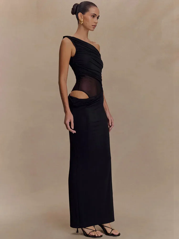 Um ombro slinky sexy maxi vestido feminino verão moda sem costas sem mangas split clube festa vestido longo elegante