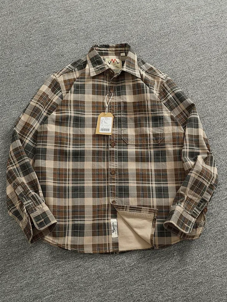 2024 Primavera e Autunno New American Retro Tessuto Plaid Cargo Camicia da uomo Semplice 100% Cotone Lavato Tasca Singola Giacca Sottile