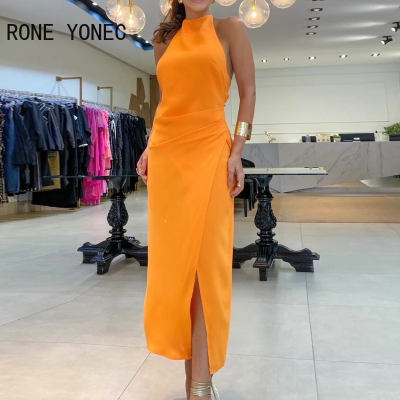

Women Sexy Halter Solid Wrap High Silt Sleeveless Bodycon Maxi Sexy Party Orange Dresses