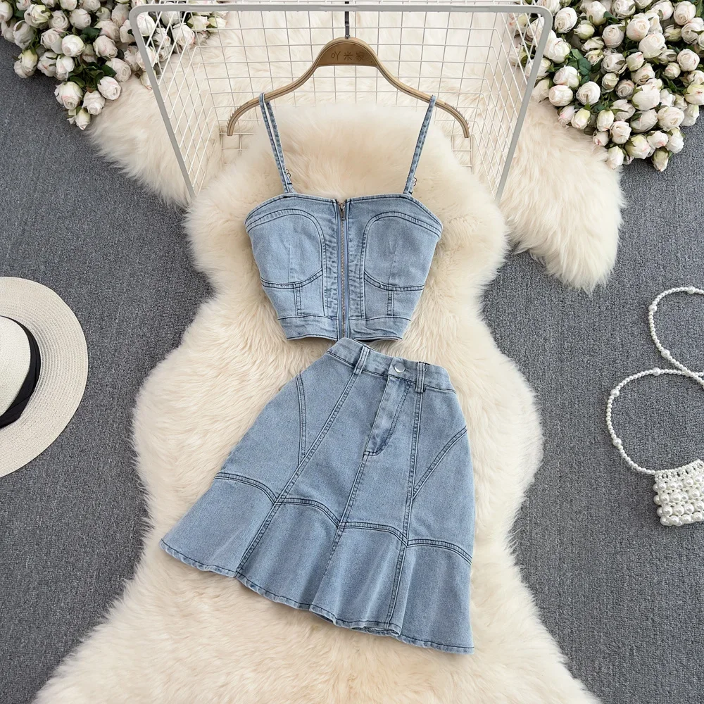 

Denim Skirt Set Fashion Hot Girl Retro Street Sling Top And Mini Skirt Suits Jeans Camisole Two-piece High Waist Fishtail Skirt