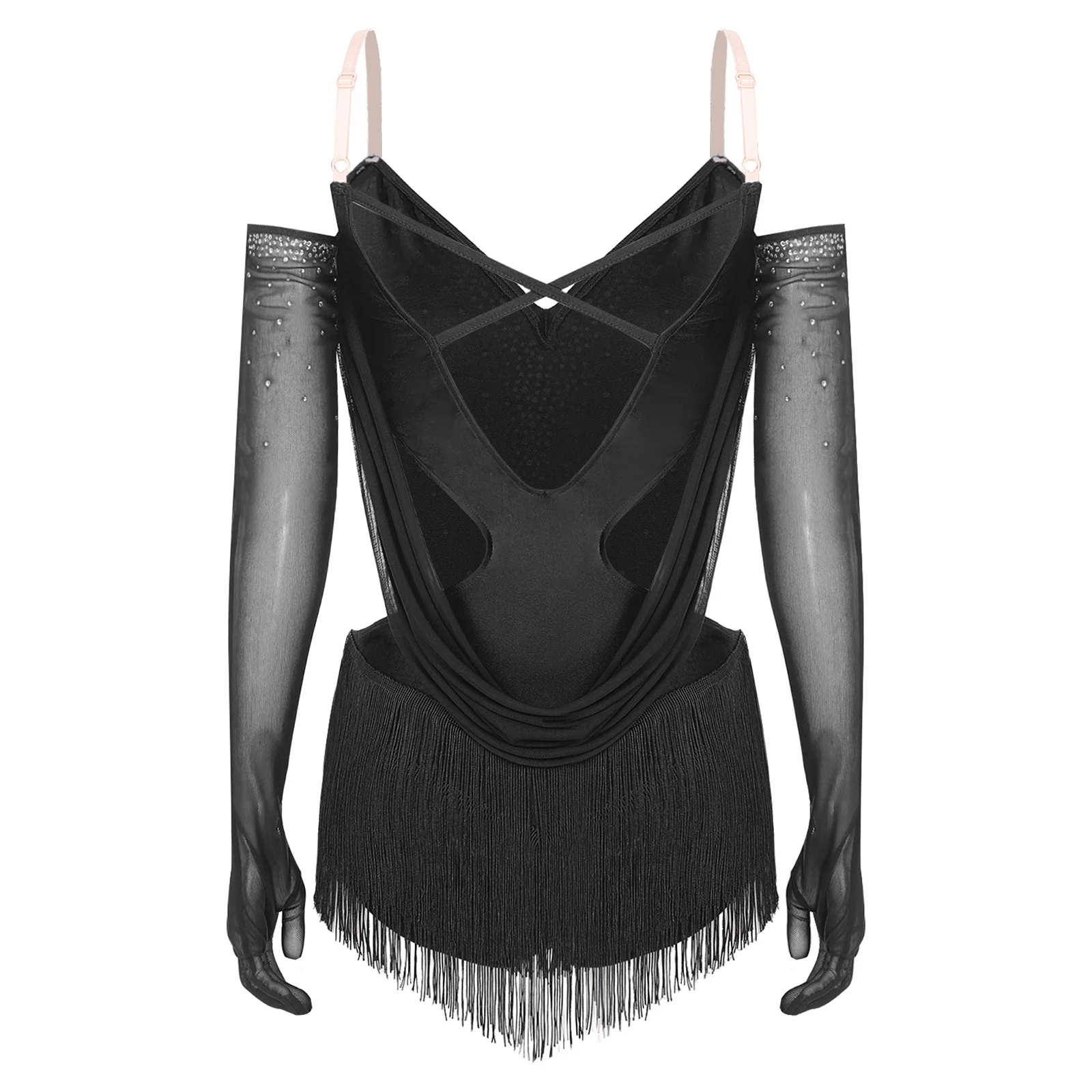 Women Tassel Latin Dance Leotard Dress Rhinestones Backless Fringed Bodysuit with Gloves Cha-Cha Tango Salsa Rumba Dance Outfits