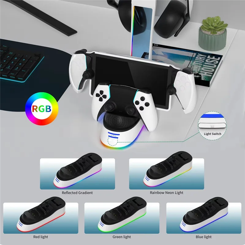 -MEOF Charging Base With Headset Holder For PS5 Controller Charging Stand RGB Light Charging Indicator For PS5 Portal Console