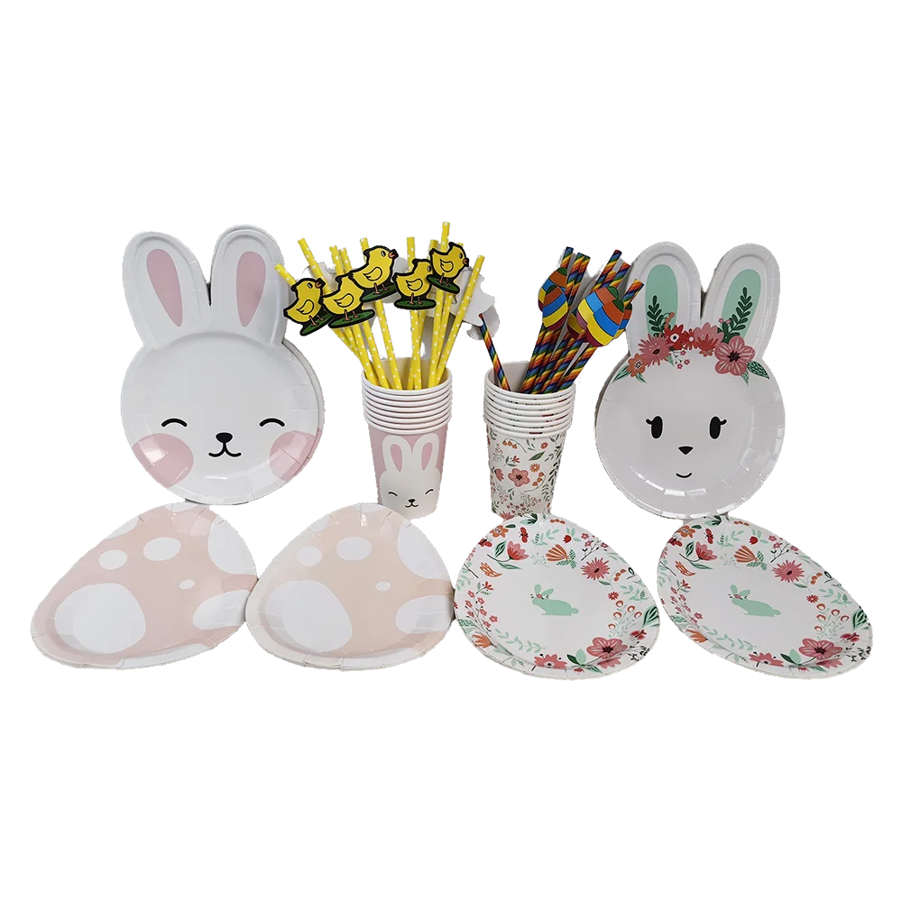 Paasborden Servetten Beker Pasen Wegwerpservies Happy Easter Bunny Kuiken en Paaseieren Jacht voor Paasfeestdecors