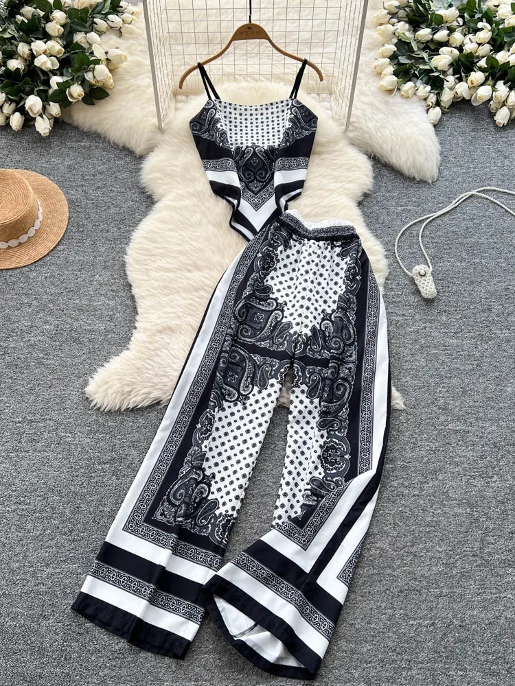 

Retro Ethnic Style Printed Sexy Backless Camisole Strapless+high Waist Wide Leg Pants Set for Women's Summer