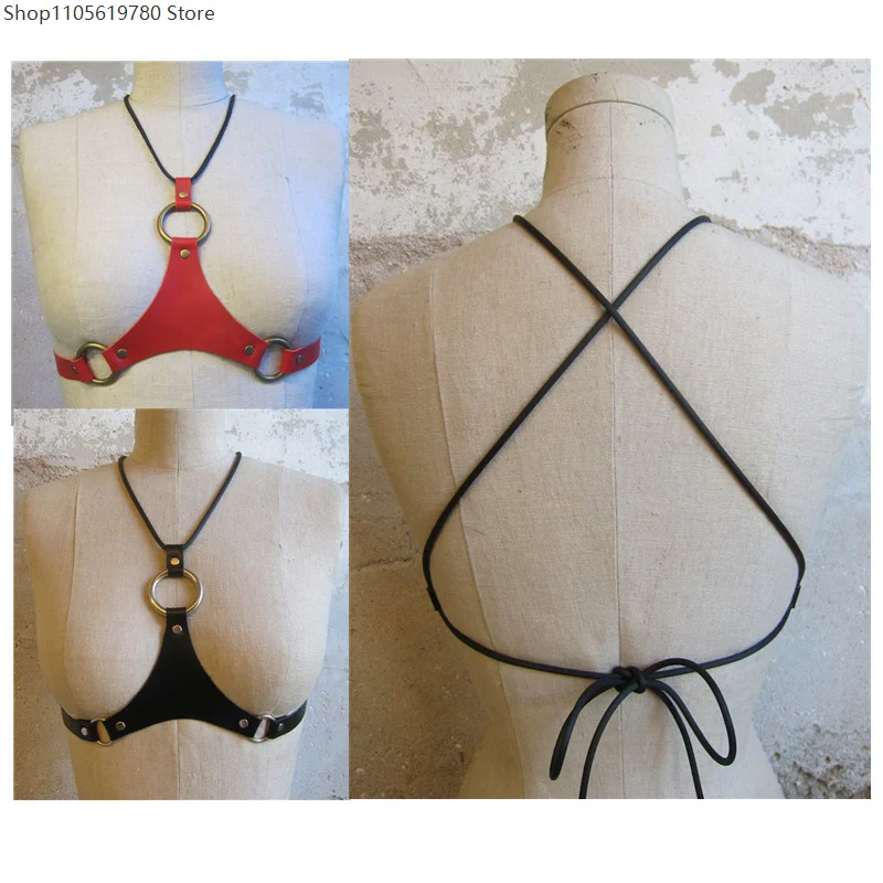 Halter Neck PU Leather Body Harness With Metal Ring Detail Criss Cross Straps Decor Prop For Adult Role‑play Club Stage Outfit