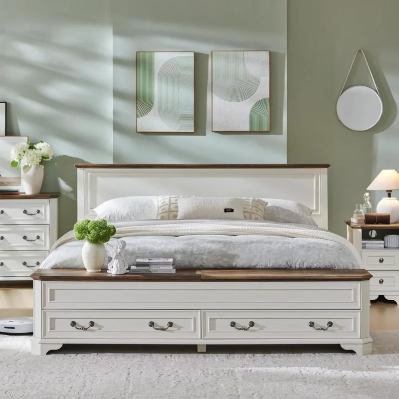 

Rustic Farmhouse King Size Bed with Storage Headboard and 4 Drawers Bench Platform