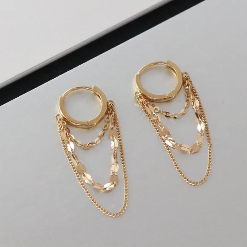 

CCFJOYAS 9mm 925 Sterling Silver Plated 18K Gold Tassel Hoop Earrings for Women Double Chain Shiny Plain Earrings Fine Jewelry